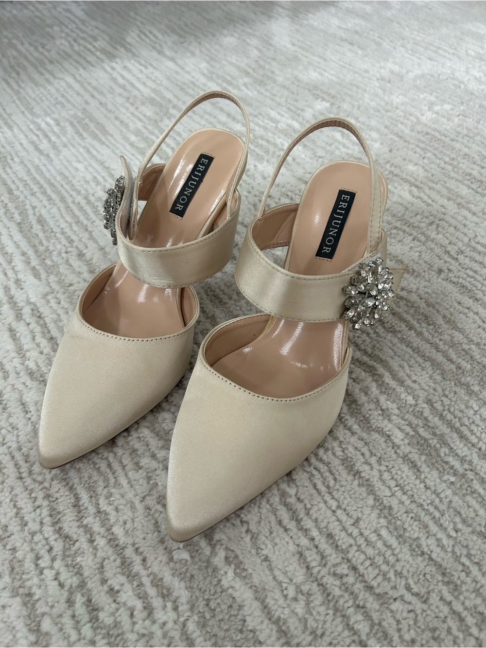 Eri Junor Cream Satin Slingback Heels with Crystal Brooch
